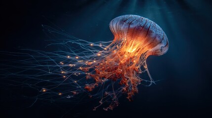Glowing orange jellyfish underwater