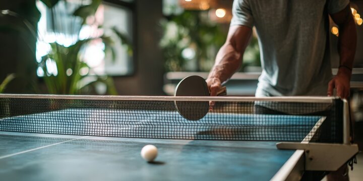 Man Playing Ping Pong Under Sport Banner