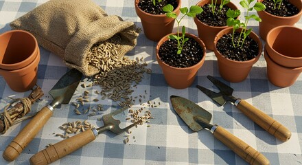 Ready for spring planting with flower pots, gardening tools and seeds on a bright checkered picnic blanket.