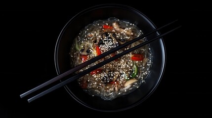 A bowl of asian glass noodles with vegetables and mushrooms is presented on a black background