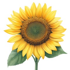 Fototapeta premium Vibrant Yellow Sunflower with Green Leaves Isolated on White Background Botanical Illustration