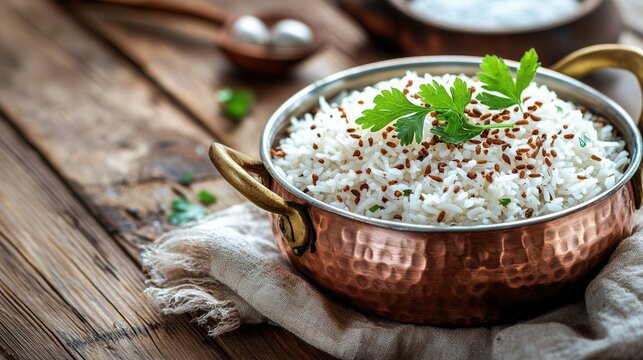 A bowl of cumin rice garnished with cilantro sits on a wooden table