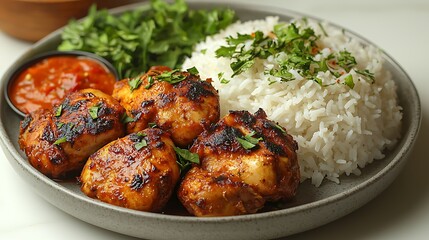 Spicy grilled chicken with white rice high resolution picture