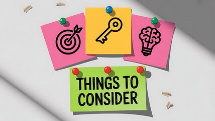 Things to consider banner design  whiteboard with colorful sticky notes and  minimal black line icon a target, a key, and a lightbulb with a brain, created with generative ai