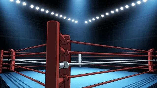 Vector illustration of empty boxing ring under dramatic lights in stylized arena scene. Sports illustration concept
