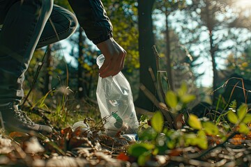 Unrecognizable Person Collecting Plastics in a Forest Ecology Concept Recycling