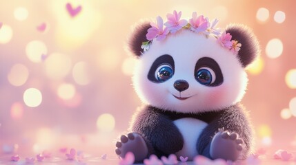 Fototapeta premium Baby Panda with Flower Crown in a Dreamy Setting