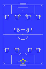 Formation of players 4-2-4 on a blue football pitch. Team play and strategy