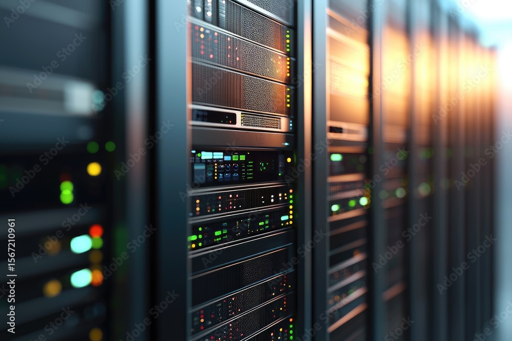 Aufkleber High-tech data center with glowing server rack lights and advanced network equipment, ideal for illustrating cybersecurity, cloud infrastructure, or modern IT operations