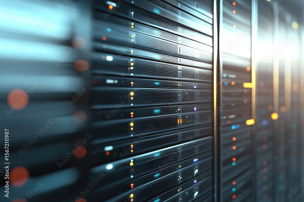 Poster Futuristic data center server rack with glowing indicator lights and sleek metal panels, perfect for visuals on cloud systems, IT networks, or advanced data infrastructure