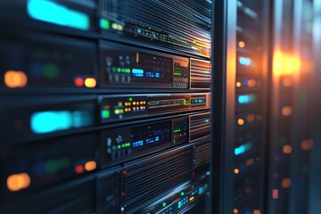 Obraz premium Close-up view of data center server racks with vibrant LED panels and illuminated controls, great for showcasing modern cloud systems, IT hardware, or network technology concepts