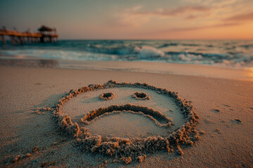 Sad face sketched in beach sand with a simple, flat, natural look, captured against a calm ocean backdrop of pastel hues. Perfect for peaceful, emotional beach imagery.
