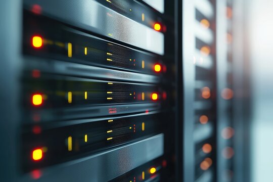 High-performance server rack with glowing red and yellow lights in a secure data center, suitable for topics on IT monitoring, cloud infrastructure, or digital technology systems