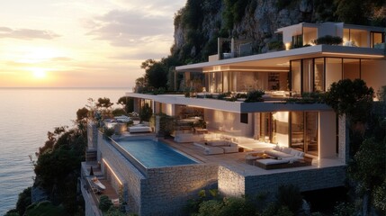 Fototapeta premium Luxury Cliffside Villa with Ocean View at Sunset: A Mediterranean Dream Home