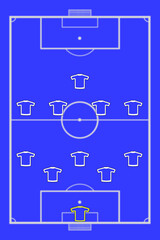 Formation of players 2-3-4-1-0 on a blue football pitch. Team play and strategy