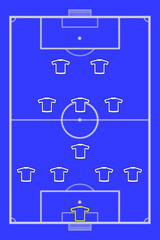 Formation of players 5-3-2 on a blue football pitch. Team play and strategy