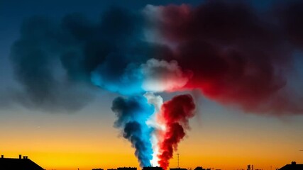 Colorful smoke in blue, white, and red against sunset sky for Bastille Day  