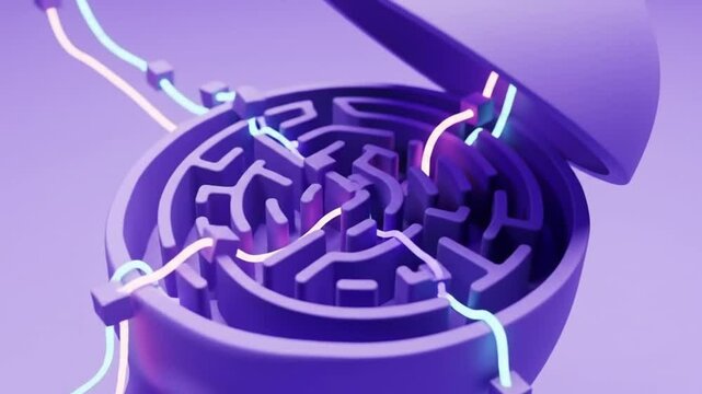 A stylized purple brain maze with glowing lines and cube connectors in a d rendering style
