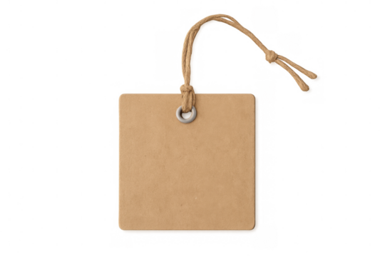Brown cardboard label hanging from metal eyelet, secured by knotted string, floating against transparent background