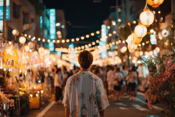 Obraz premium yukata walking through lantern-lit street