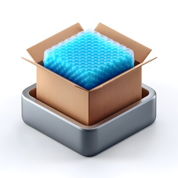 Realistic 3D Cardboard Box with Blue Bubble Wrap Cushioning Protection Shipping Delivery