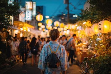 Fototapeta premium yukata walking through lantern-lit street