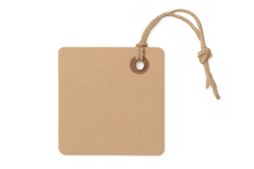 Empty rectangular light brown label with knotted twine and eyelet on a transparent background, ideal for customization and mockups