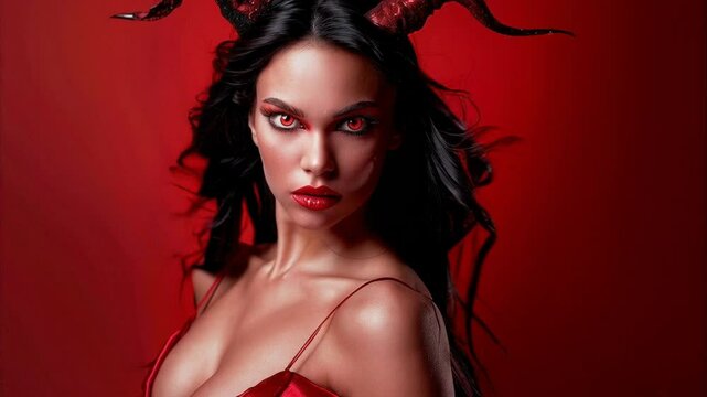 A sensual woman dressed as a seductive devil poses against a red background. Ideal for adult themes, erotic lingerie, sex shops, and Halloween promotions with a provocative touch.