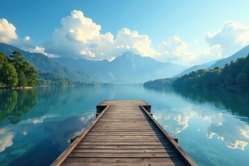 Fototapeta premium Serene lake pier, fluffy clouds, scenic vista, reflection, background, cloudscape