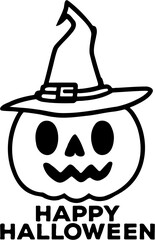 happy halloween pumpkin silhouette vector illustration wearing witch hat, isolated on white