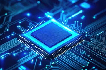 Futuristic blue circuit board with glowing central microchip and digital pathways, perfect for illustrating AI, high-performance computing, or advanced electronics technology
