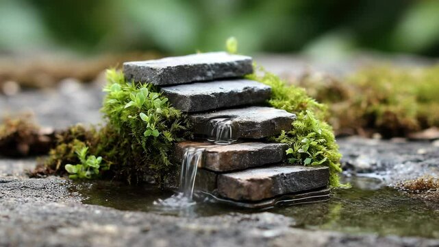 Miniature stone stairway and staircase with flowing water, green moss, and small plants create peaceful, natural outdoor garden scene, evoking tranquility, nature, and relaxation concepts