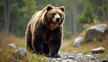 Obraz premium Brown Bear Standing on Forest Path Surrounded by Trees