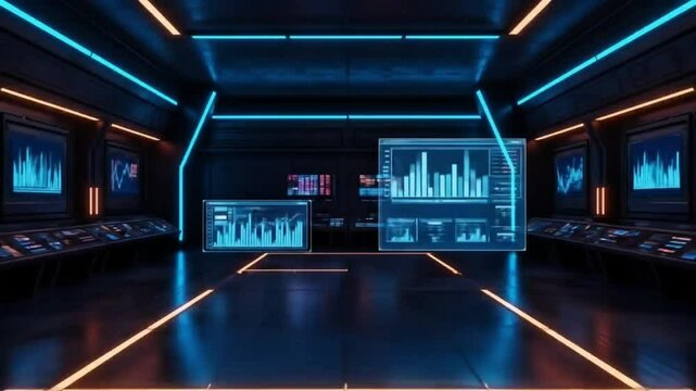 Futuristic data analysis room with glowing neon charts and graphs, seamless looping 4k time-lapse animation video background