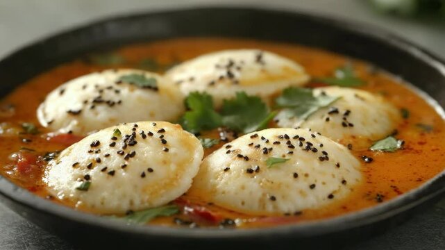 Indian dish of chickpeas, spinach and herbs with creamy sauce and sprinkled with black peppercorns.