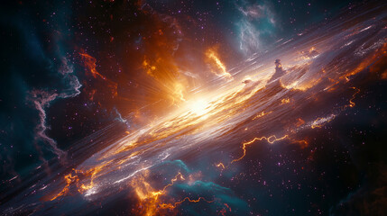 Fototapeta premium Spiraling Galaxy with Fiery Core and Glowing Nebula – Cosmic Explosion with Stellar Energy
