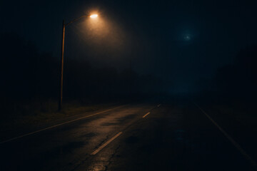 Lonely Highway &mdash; Single Lamp on Foggy Night