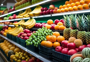 The produce aisle of a supermarket with a variety of fresh fruits on display