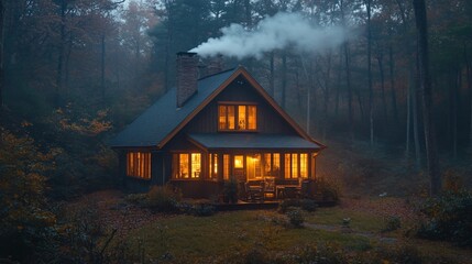 Cozy Cabin in Misty Forest: Warm Lights, Smoke, Autumnal Serenity.