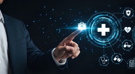 Businessman Accessing Digital Healthcare Interface,A businessman interacts with a futuristic digital interface, showcasing innovative healthcare technology and medical solutions.