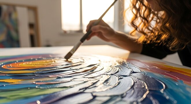 Artist painting a colorful abstract artwork with a brush, creating textured strokes on a canvas.