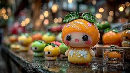 Obraz premium Adorable Orange Fruit Character Plush Toy with Leafy Hat, Cute Mascot for Business Promotion and Design Posters, Vibrant and Playful Fruit Toy