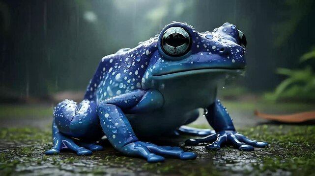 Vibrant blue fantasy frog with water droplets in rainforest environment