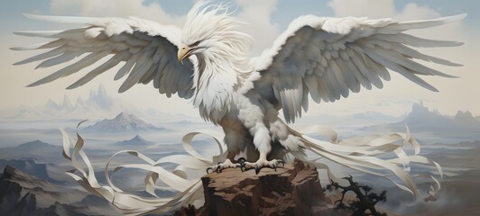 A haunted gothic white phoenix perched on a wind-swept hill,ai generative
