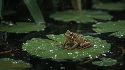 Obraz premium A tranquil frog rests upon a lily pad in a serene pond, its presence a captivating symbol of nature's tranquility.