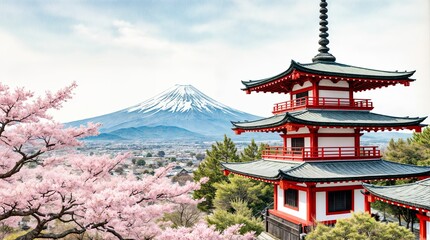 Traditional Japanese pagoda with cherry blossoms and Mount Fuji