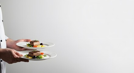 Chef Presenting Two Gourmet Meals on White Plates
