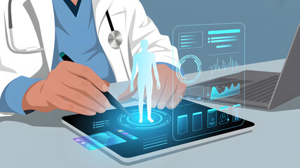 Doctor using tablet shows futuristic medical data and human body hologram for medical analysis and innovative healthcare solutions.