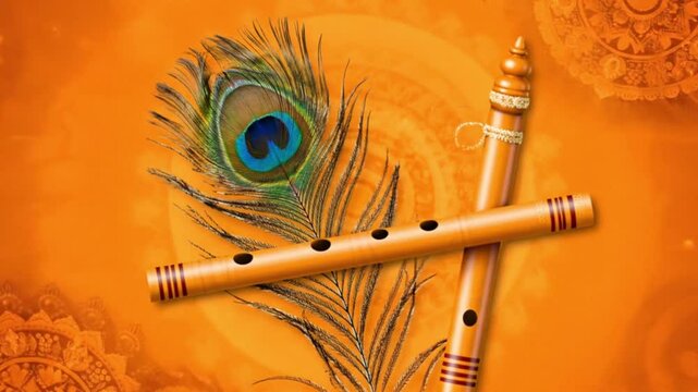 Krishna's Flute Rests near a Feather, evoking devotion, against an orange backdrop, symbolizing spirituality and cultural significance.