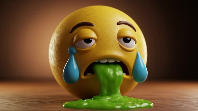 Emoji with Vomiting: This image shows a realistic 3D render of a yellow emoji, expressing intense illness with vomiting and a teardrop in each eye.